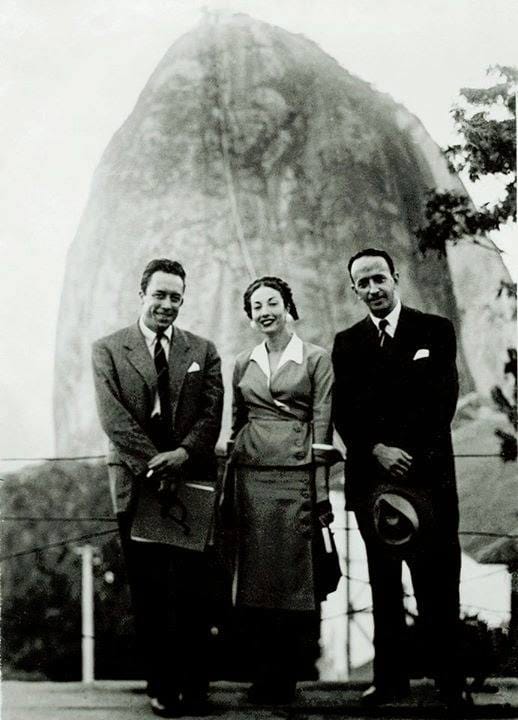 Photograph of Albert Camus with Maria da Saudade Cortesão and the poet Murilo Mendes taken at Rio de Janeiro in 1949.